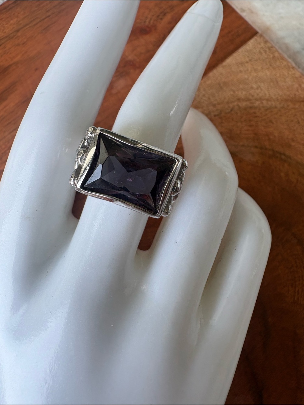 Vintage Sterling Silver Rectangular Dark Amethyst Ring - Size 7.75
